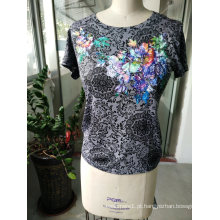 Flor de verão impresso bordado atraente das mulheres t-shirt